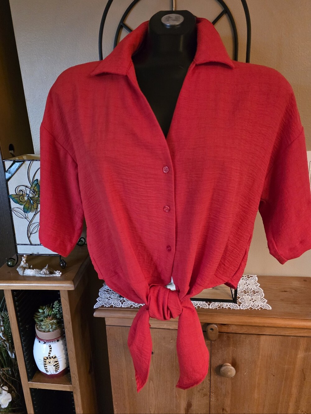 Red Tie-Front V-Neck Button-Up Textured Women's Blouse